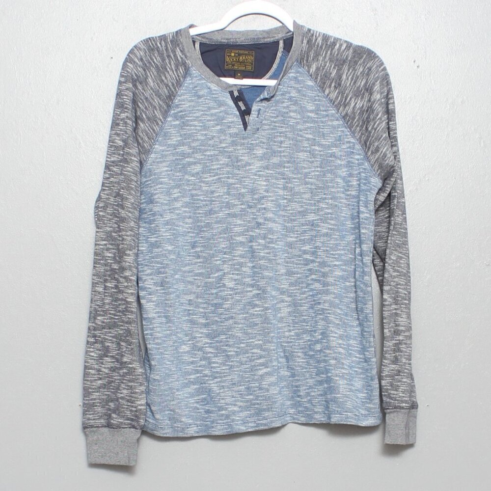 Lucky brand double knit notch color block gray blue Henley long sleeve shirt
